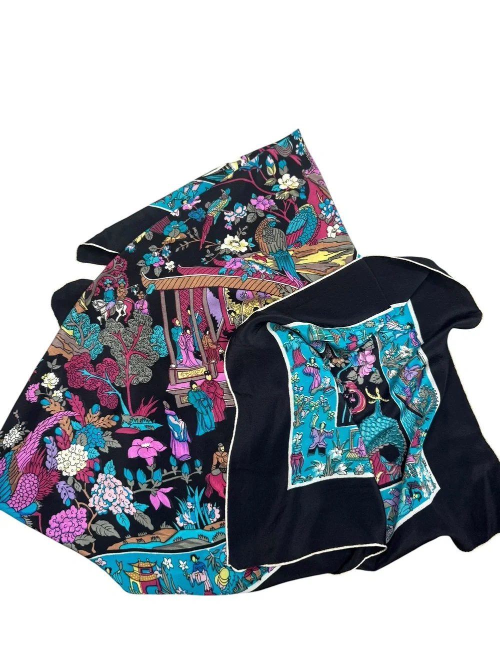 Vintage Hand Rolled Silk Chinoiserie Style Luxury Square Scarf Asian Motif